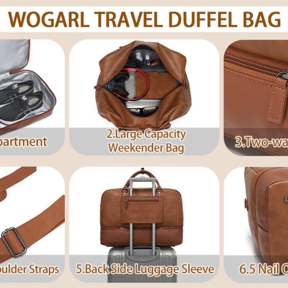 New Wogarl Weekender Bag for Women, Men Large Overnight Bag Travel Duffel Bag. - Picture 7 of 9